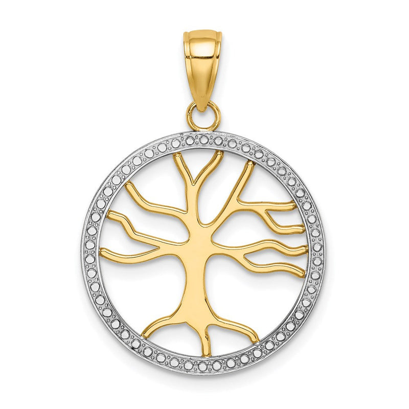 14K Gelb- und Rhodiumgold mit Rhodium Großer Lebensbaum-Rundrahmen-Charm