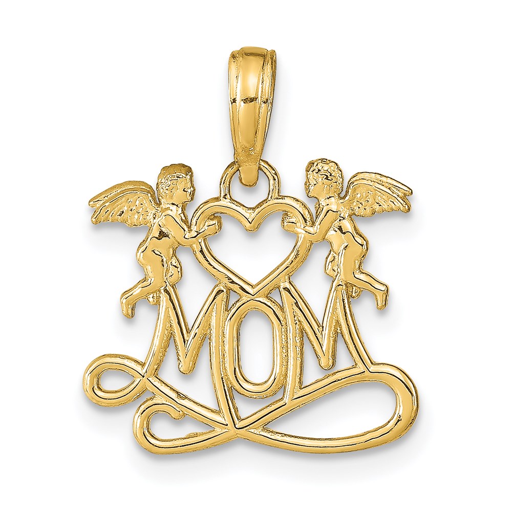 14K Gelbgold Poliert Mama mit Herz und Angels Anhänger