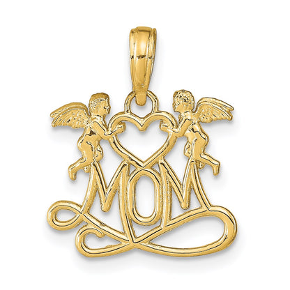 14K Gelbgold Poliert Mama mit Herz und Angels Anhänger