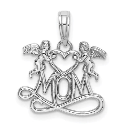 14K Weißgold Mama mit 2 Angels Holding Herz Charm