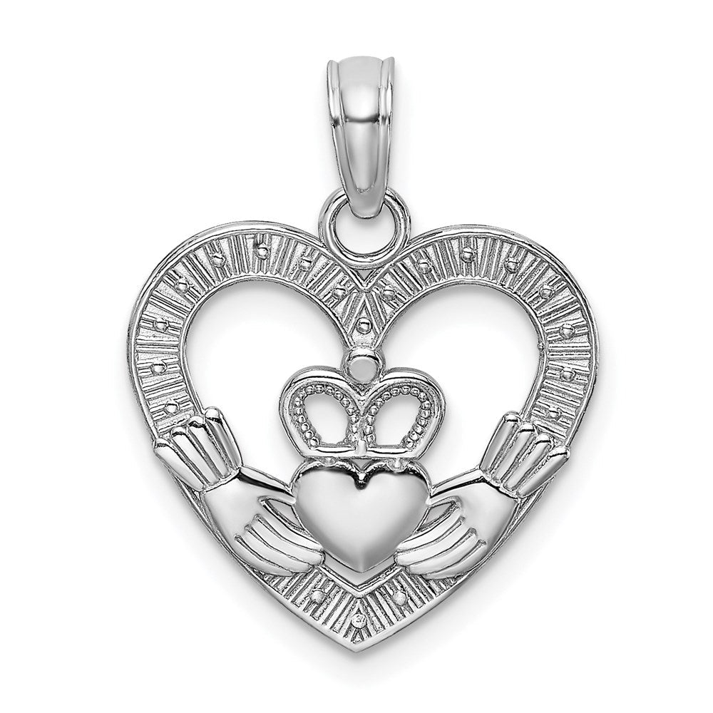 14K Weißgold Poliert/textured Herz Claddagh Charm
