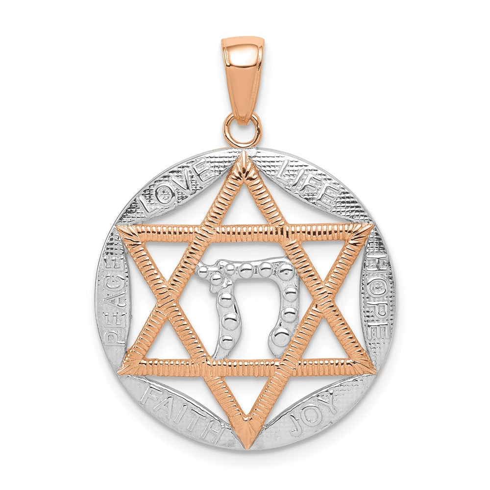 14K Roségold mit Rhodium-Beschichtung, polierter Davidstern-Anhänger mit Chai