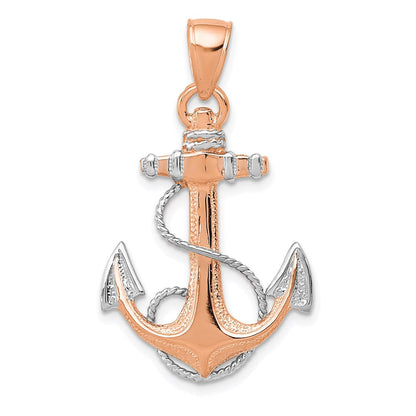 14K Roségold mit Rhodium Anker-Anhänger mit Seil