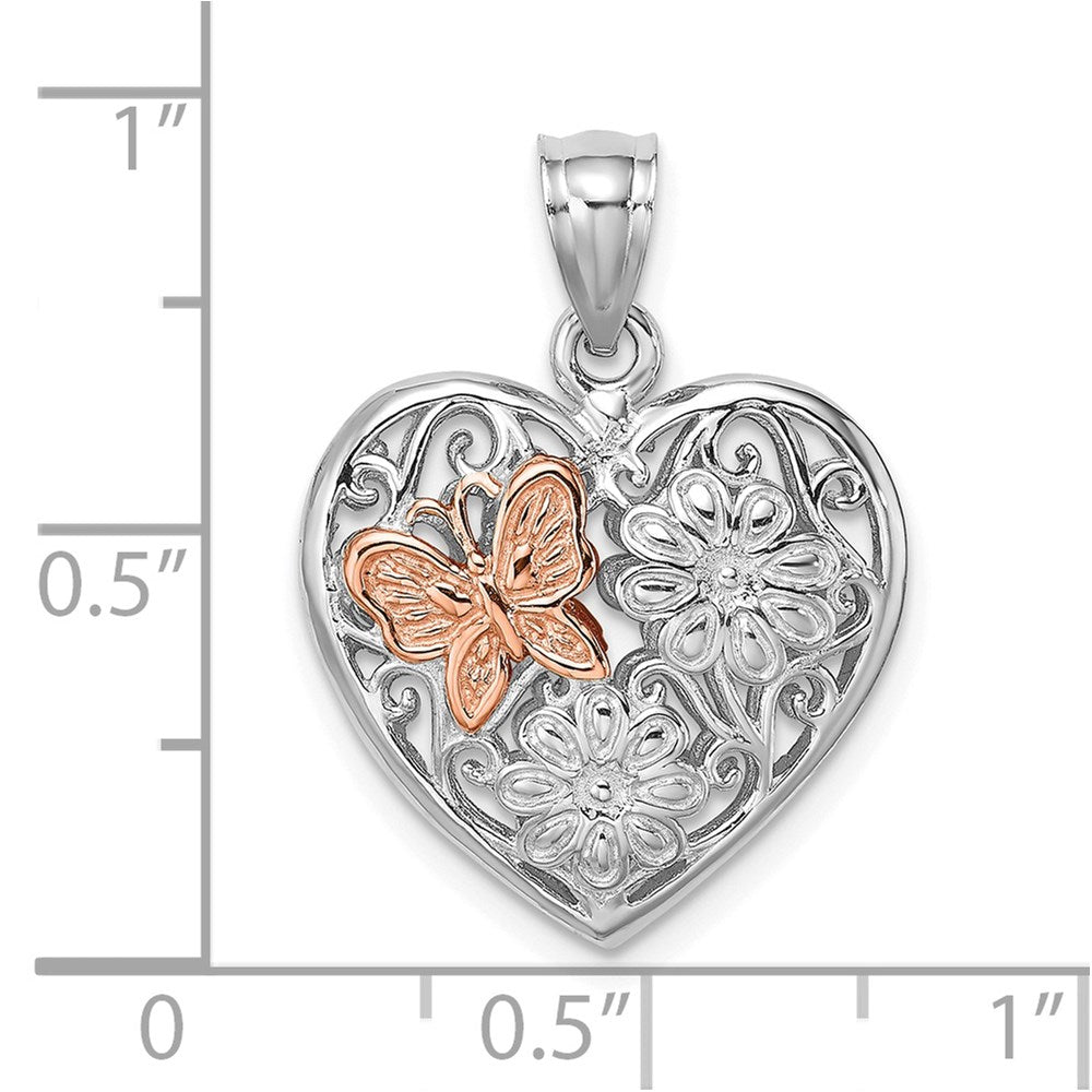 14K Weiß-/Roségold 3-D Herz mit Schmetterling, wendbarer Charm, Weiß- und Roségold