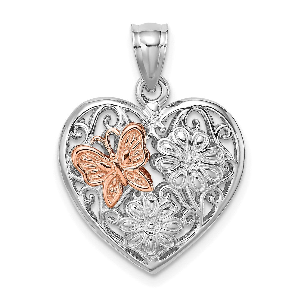 14K Weiß-/Roségold 3-D Herz mit Schmetterling, wendbarer Charm, Weiß- und Roségold
