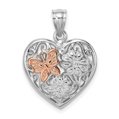 14K Weiß-/Roségold 3-D Herz mit Schmetterling, wendbarer Charm, Weiß- und Roségold