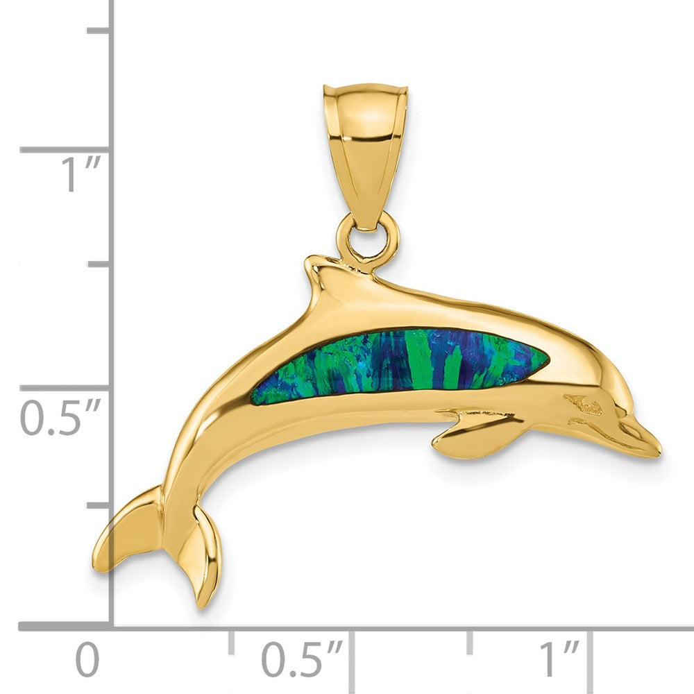 14K Gelbgold Delfin-Anhänger mit im Labor gezüchtetem Opal