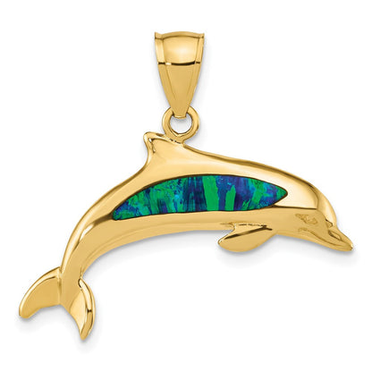 14K Gelbgold Delfin-Anhänger mit im Labor gezüchtetem Opal