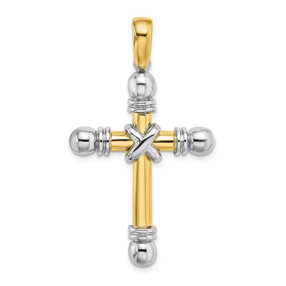14K Bicolor-Gold mit Rhodium X-Mitte Kreuzanhänger mit abgerundeten Enden