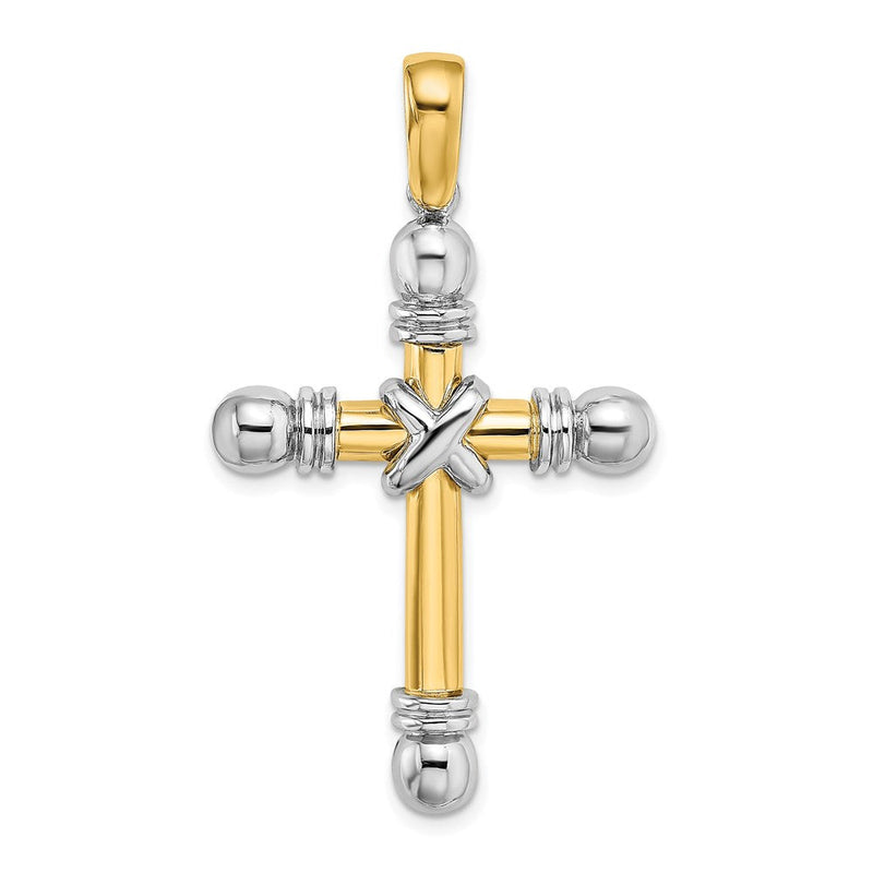 14K Bicolor-Gold mit Rhodium X-Mitte Kreuzanhänger mit abgerundeten Enden
