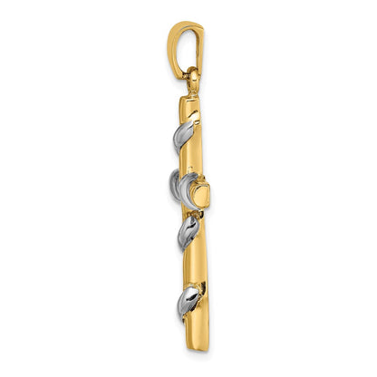 14K Bicolor-Gold 2-D Kreuz-Charm mit Rankenmuster