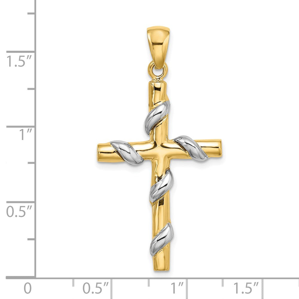 14K Bicolor-Gold 2-D Kreuz-Charm mit Rankenmuster