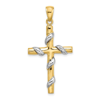 14K Bicolor-Gold 2-D Kreuz-Charm mit Rankenmuster