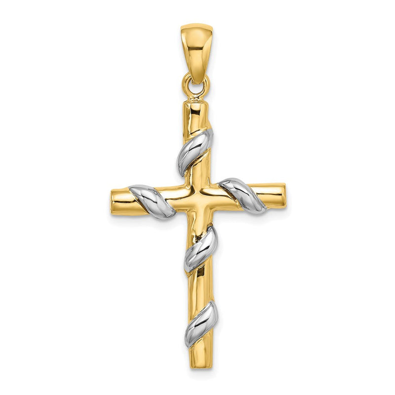 14K Bicolor-Gold 2-D Kreuz-Charm mit Rankenmuster