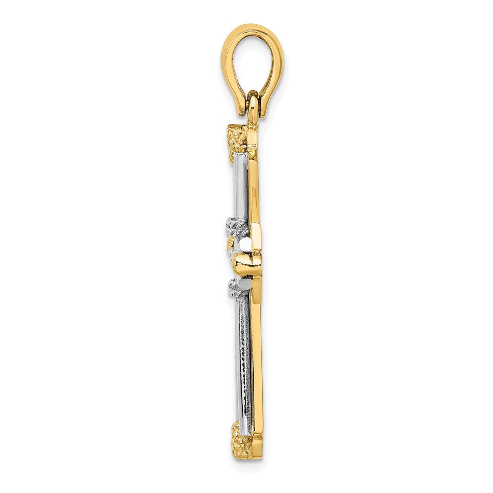 585 Gelbgold mit Rhodium, diamantiert, Kreuz-Charm mit Drahtdesign