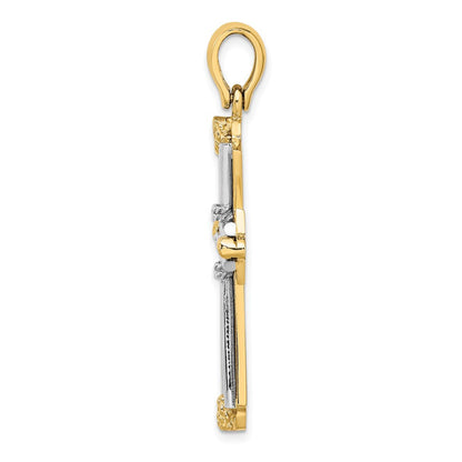 585 Gelbgold mit Rhodium, diamantiert, Kreuz-Charm mit Drahtdesign