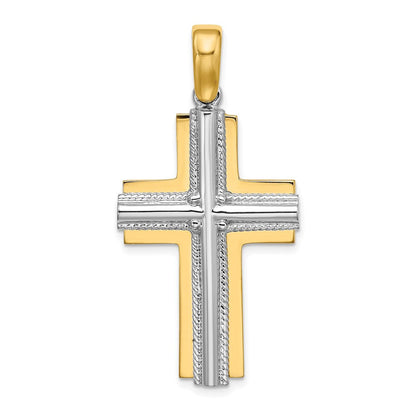 14K Bicolor-Gold Kreuz-Charm mit gerippter Kante