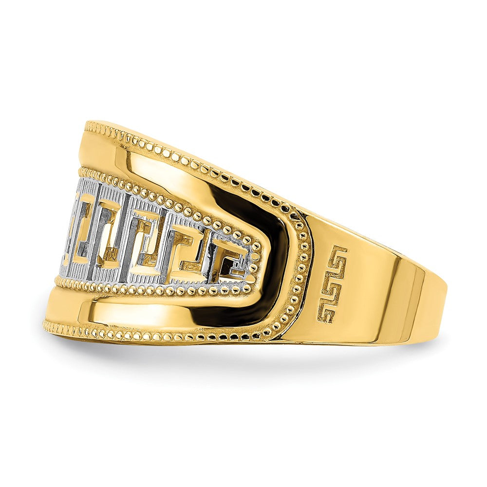 14K Gelbgold Ring mit Rhodium-Beschichtung, verjüngtem Griechischer-Mäander-Muster