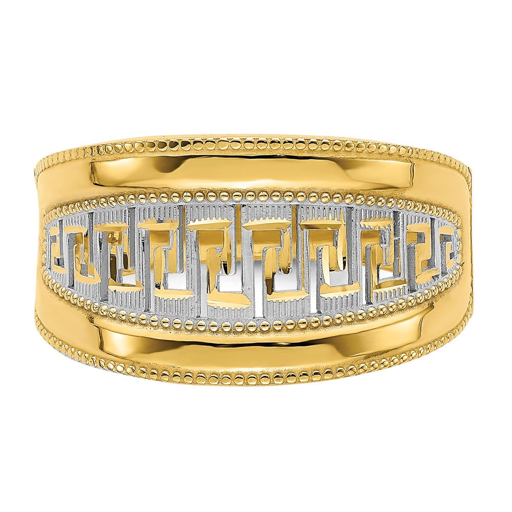 14K Gelbgold Ring mit Rhodium-Beschichtung, verjüngtem Griechischer-Mäander-Muster