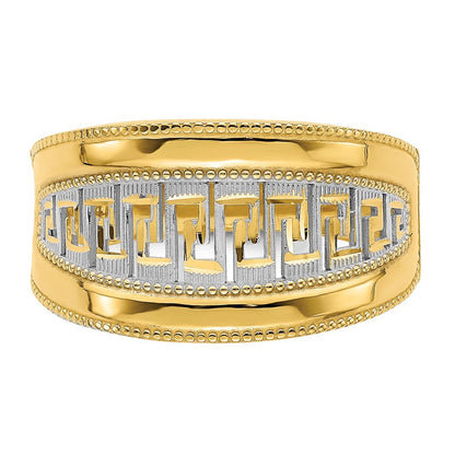 14K Gelbgold Ring mit Rhodium-Beschichtung, verjüngtem Griechischer-Mäander-Muster