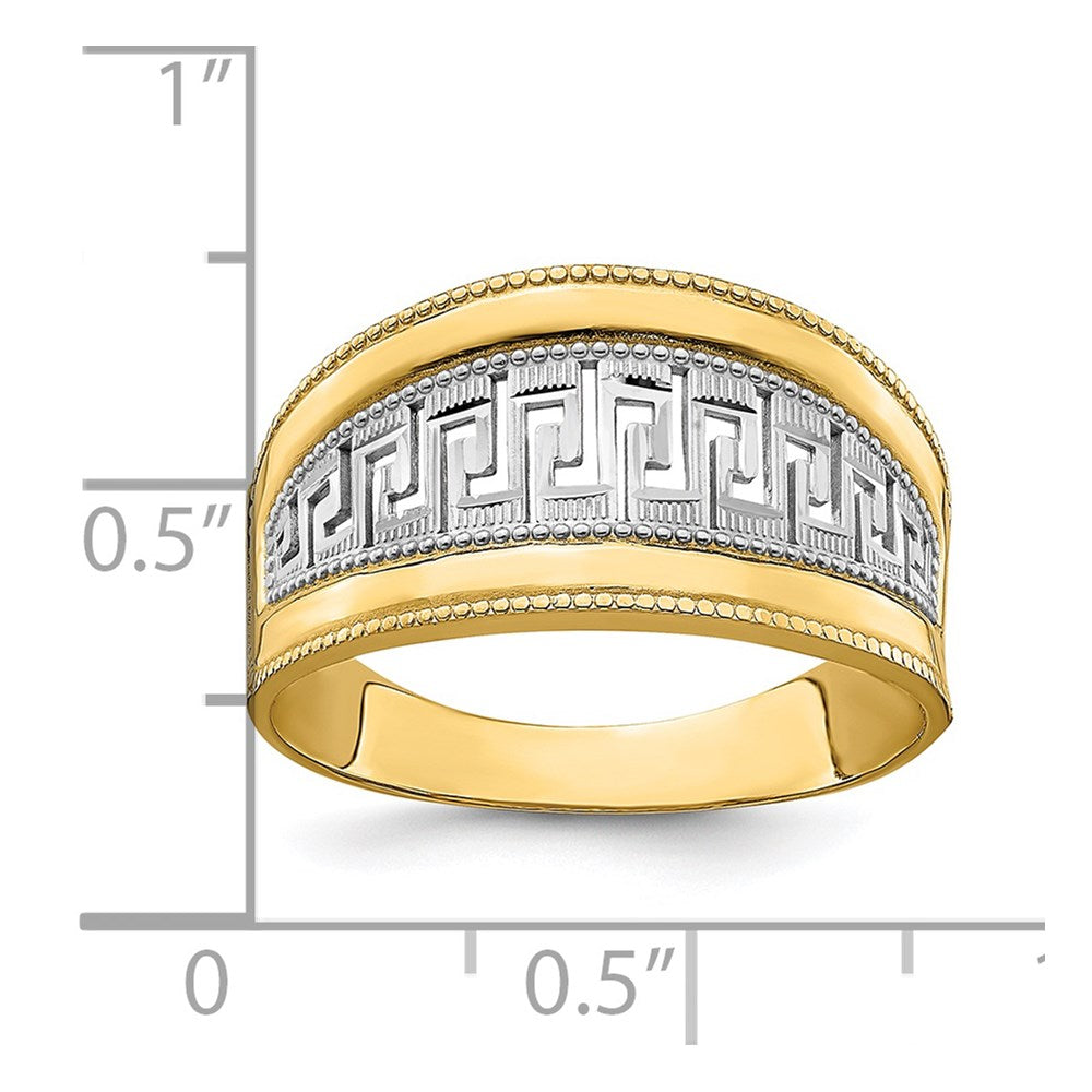 14K Gelbgold Ring mit Rhodium-Beschichtung, verjüngtem Griechischer-Mäander-Muster