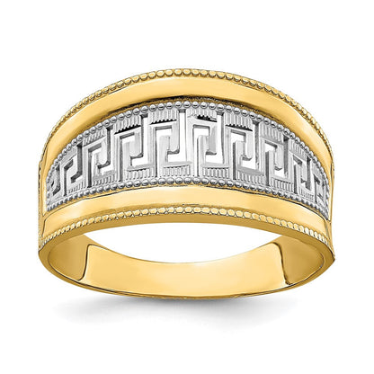 14K Gelbgold Ring mit Rhodium-Beschichtung, verjüngtem Griechischer-Mäander-Muster