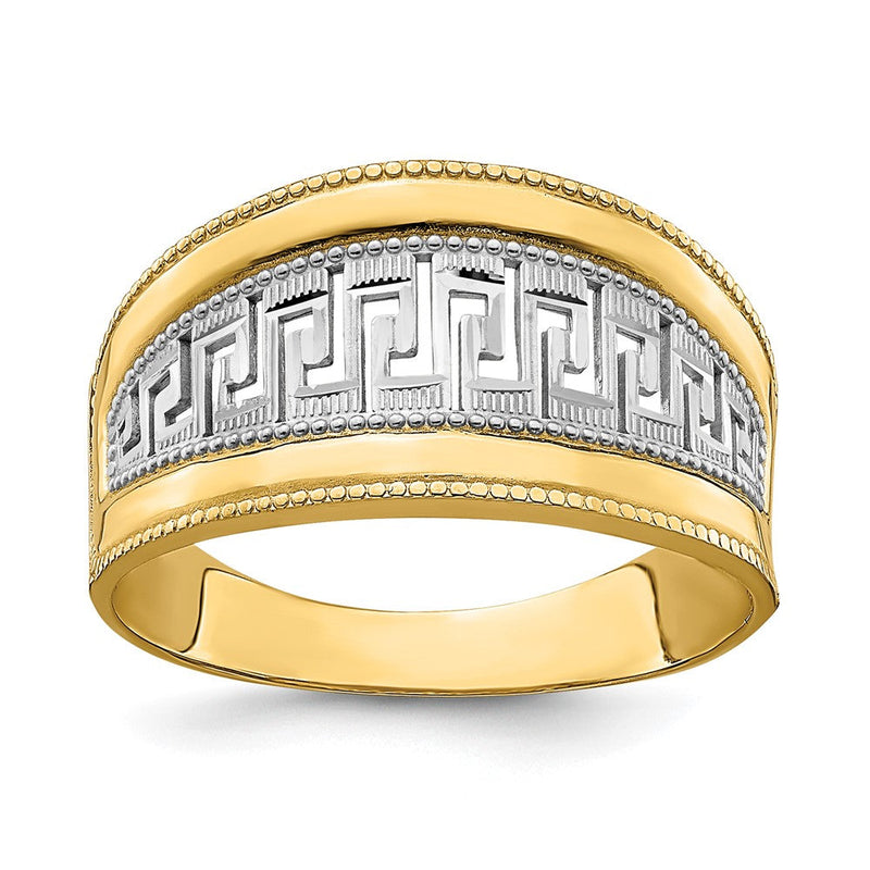 14K Gelbgold Ring mit Rhodium-Beschichtung, verjüngtem Griechischer-Mäander-Muster