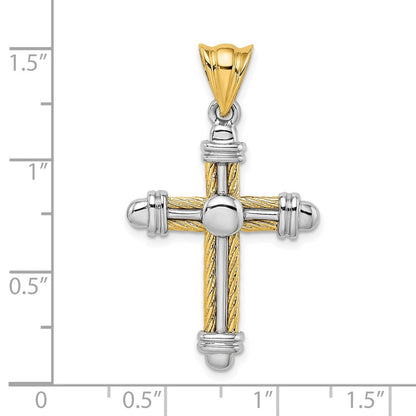 14K Zweifarbiges Gold mit Rhodium Kreuz-Charm im Seildesign