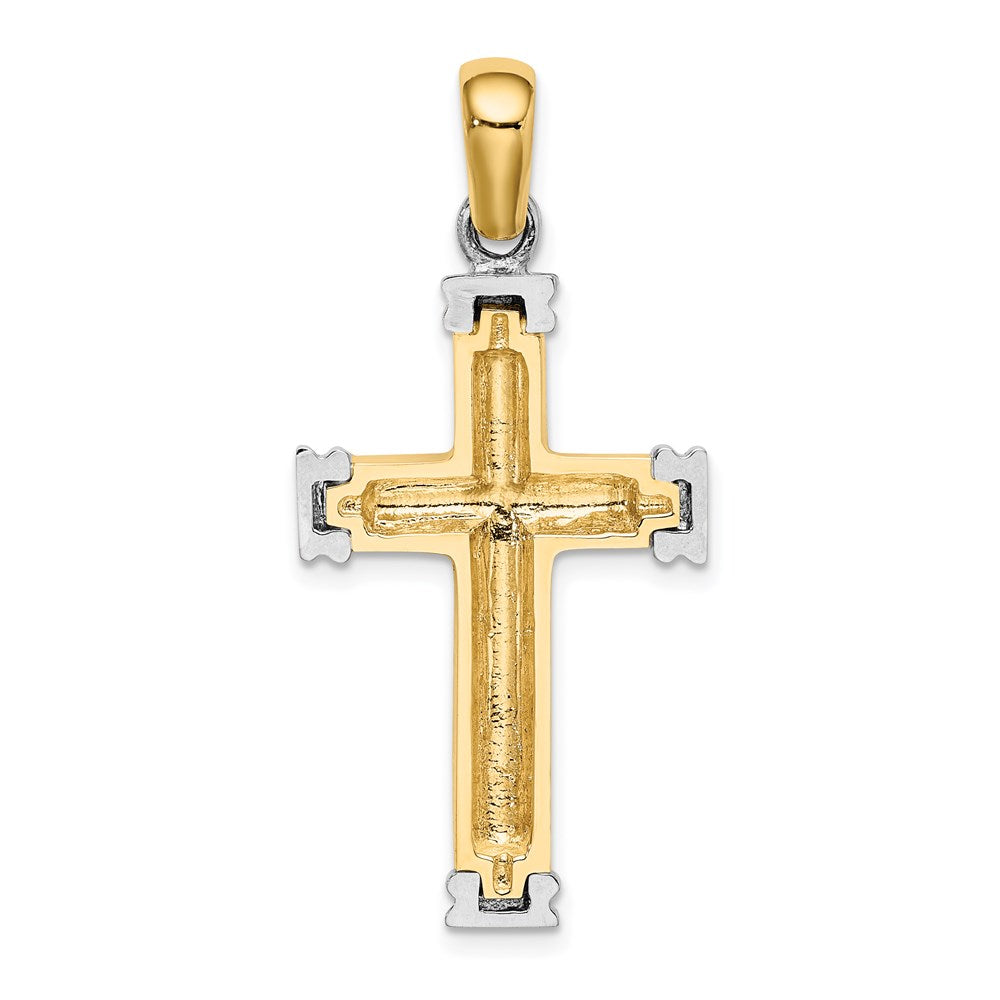 14K Bicolor-Gold mit Rhodium Schnörkel- und Doppelendkappen-Kreuz-Charm