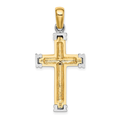 14K Bicolor-Gold mit Rhodium Schnörkel- und Doppelendkappen-Kreuz-Charm