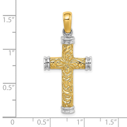 14K Bicolor-Gold mit Rhodium Schnörkel- und Doppelendkappen-Kreuz-Charm