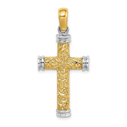 14K Bicolor-Gold mit Rhodium Schnörkel- und Doppelendkappen-Kreuz-Charm