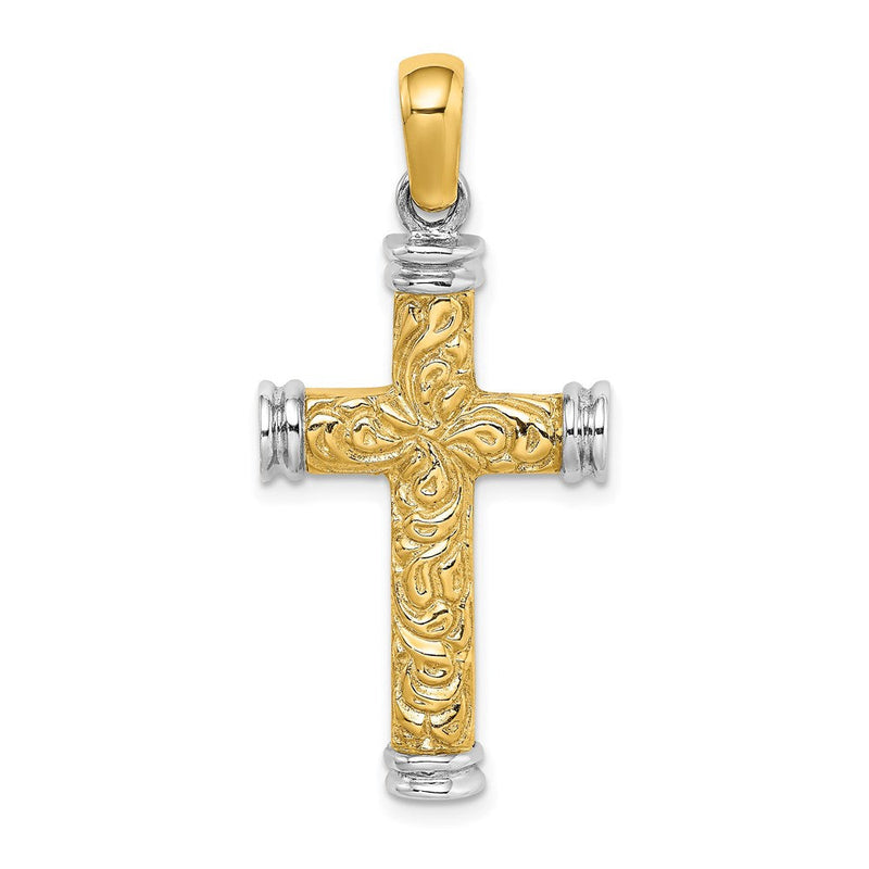 14K Bicolor-Gold mit Rhodium Schnörkel- und Doppelendkappen-Kreuz-Charm