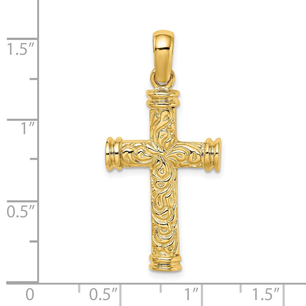Kreuz-Charm aus 14K Gelbgold mit Schnörkelmuster und doppelten Endkappen