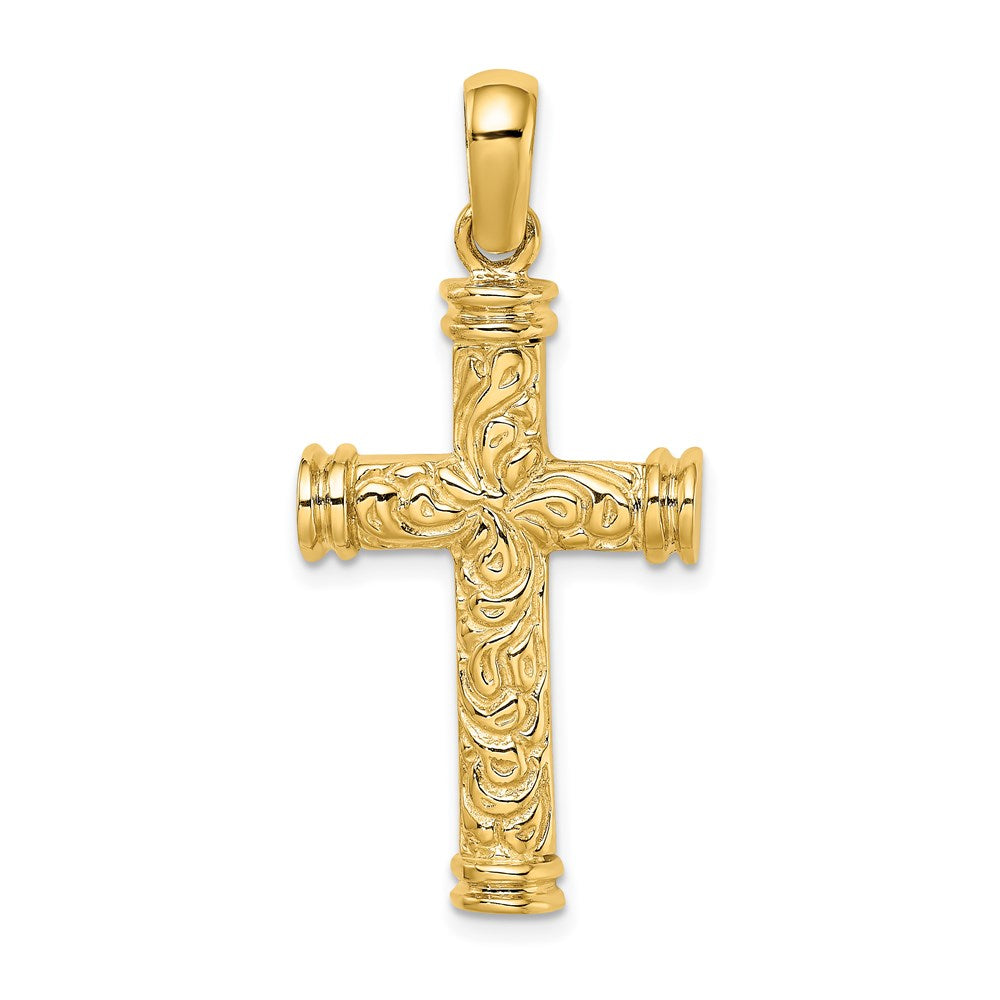 Kreuz-Charm aus 14K Gelbgold mit Schnörkelmuster und doppelten Endkappen