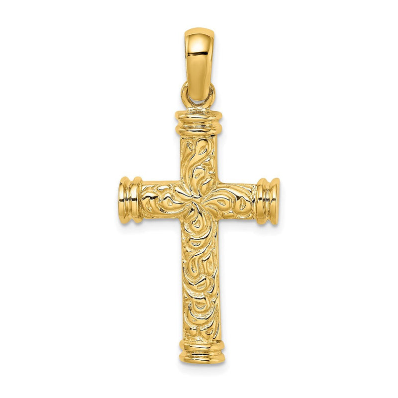 Kreuz-Charm aus 14K Gelbgold mit Schnörkelmuster und doppelten Endkappen
