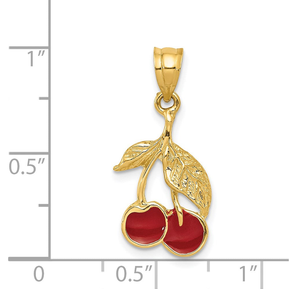 14K Gelbgold Polierter Rot Emaillierter Kirschen-Anhänger