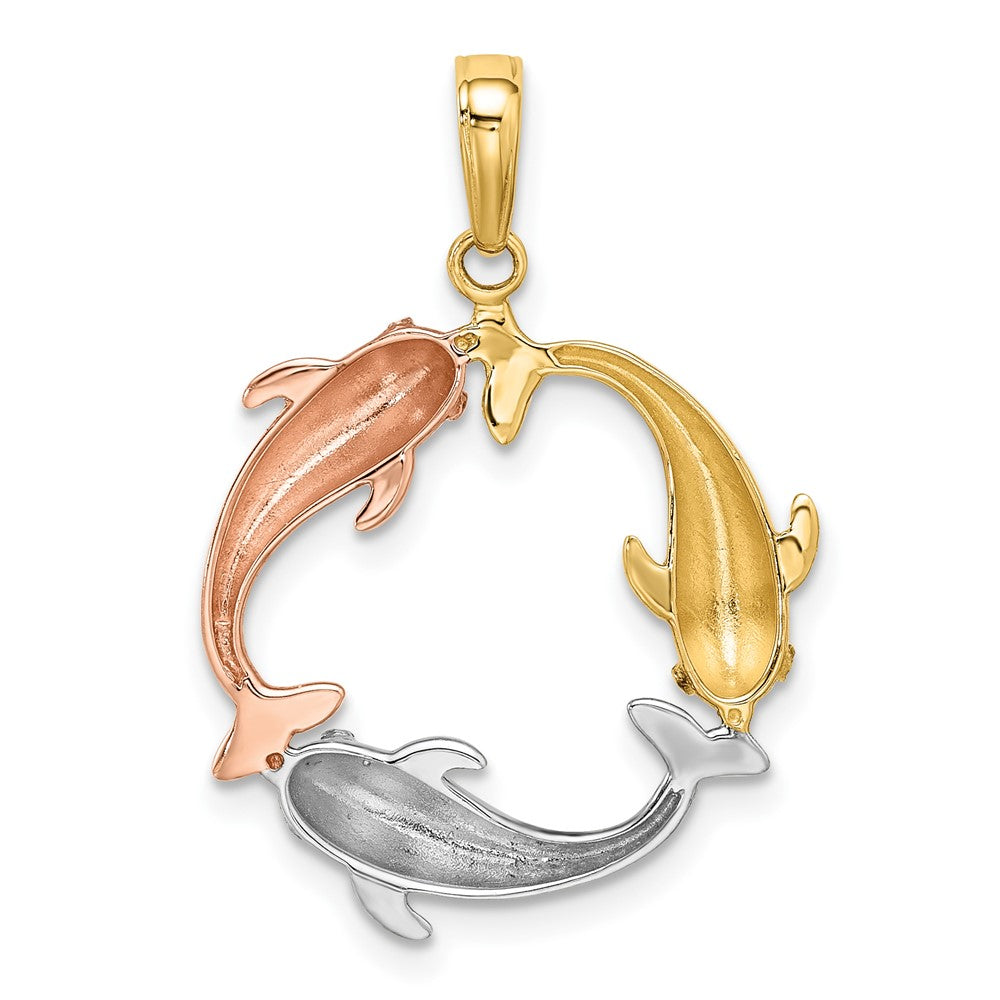 14K Tricolor-Gold Delfin-Kreis-Anhänger mit drei Delfinen