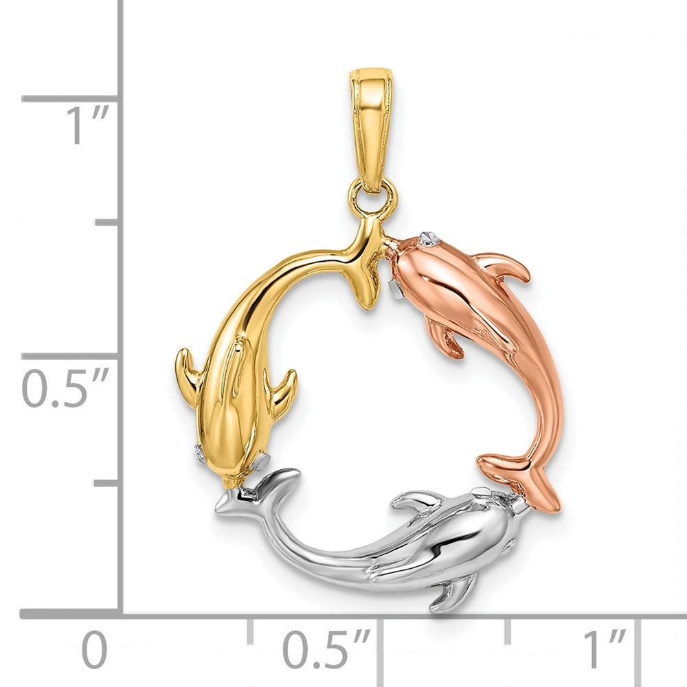 14K Tricolor-Gold Delfin-Kreis-Anhänger mit drei Delfinen