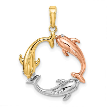 14K Tricolor-Gold Delfin-Kreis-Anhänger mit drei Delfinen