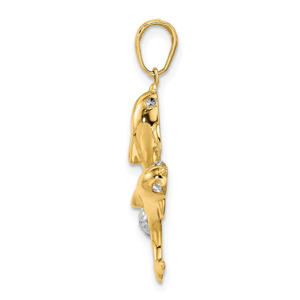 14 Karat Gelb- und Rhodiumgold mit Weißrhodium Doppel-Delfin-Anhänger