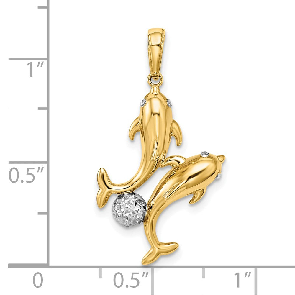 14 Karat Gelb- und Rhodiumgold mit Weißrhodium Doppel-Delfin-Anhänger