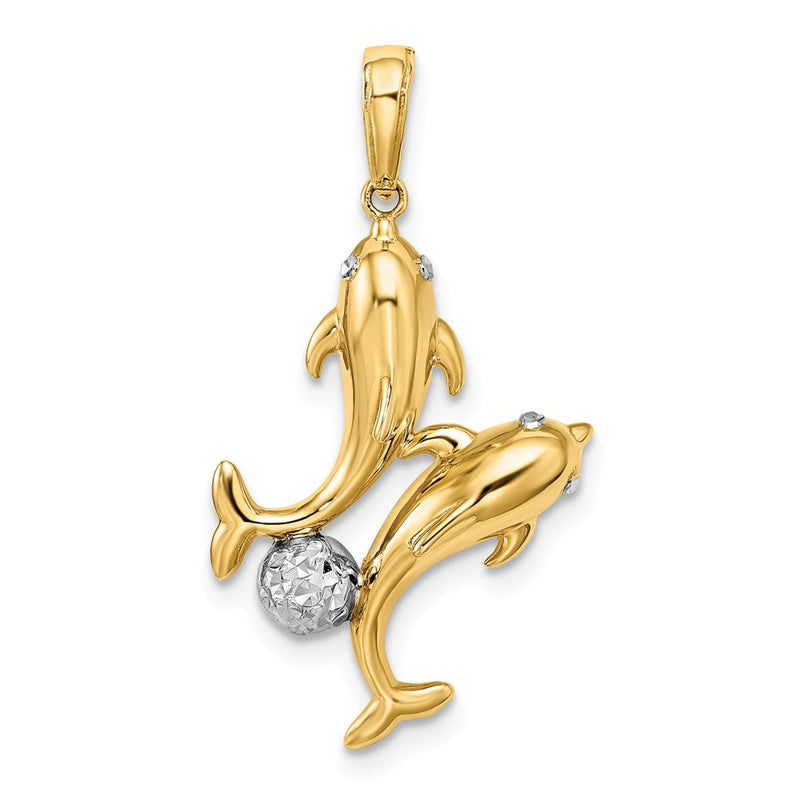 14 Karat Gelb- und Rhodiumgold mit Weißrhodium Doppel-Delfin-Anhänger