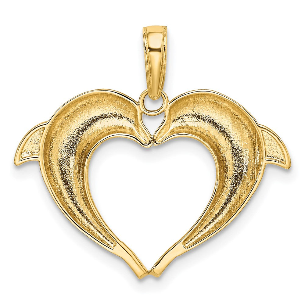 14K Gelb- und Rhodiumgold Doppel-Delfin-Herz-Anhänger mit Rhodium