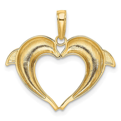 14K Gelb- und Rhodiumgold Doppel-Delfin-Herz-Anhänger mit Rhodium