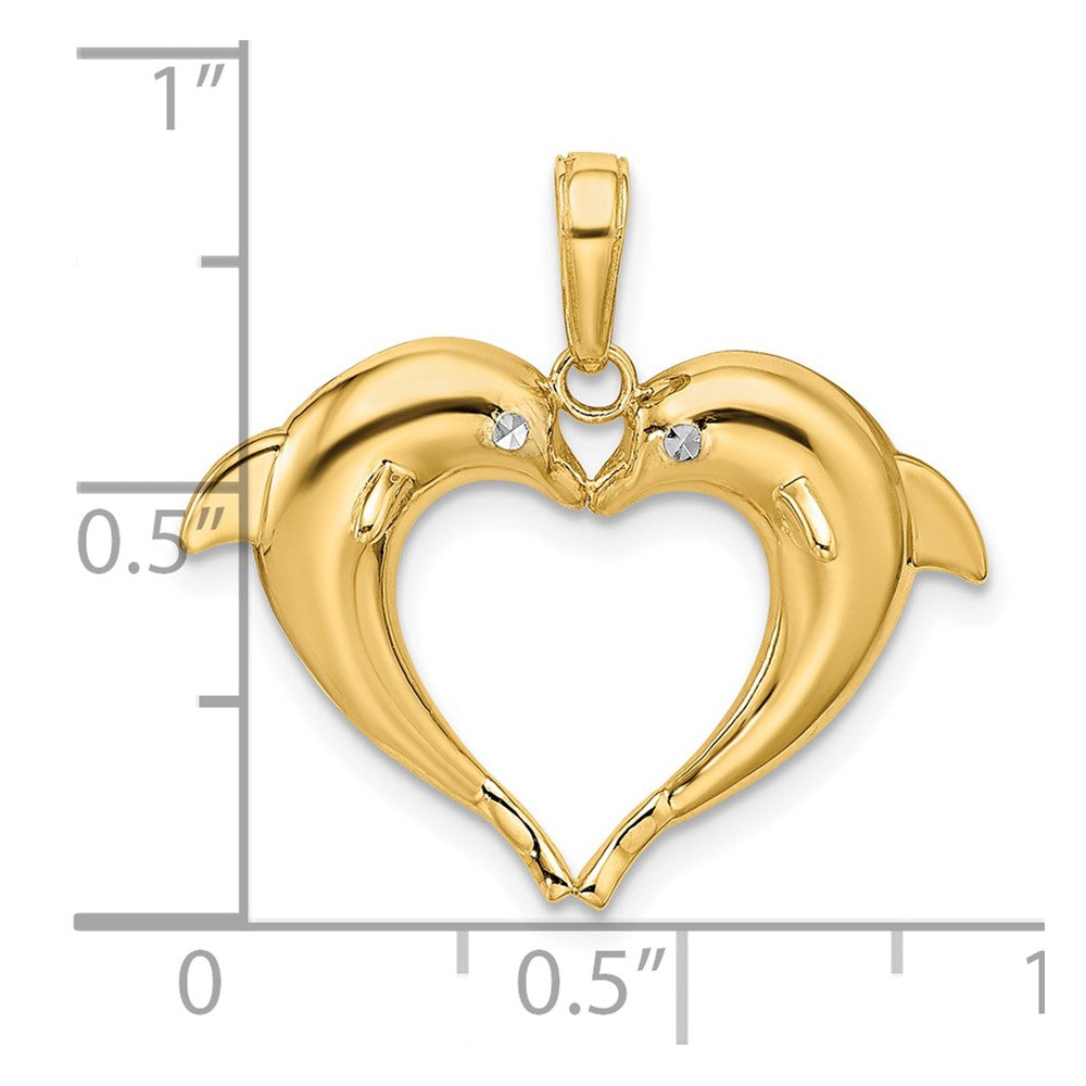 14K Gelb- und Rhodiumgold Doppel-Delfin-Herz-Anhänger mit Rhodium