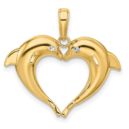 14K Gelb- und Rhodiumgold Doppel-Delfin-Herz-Anhänger mit Rhodium