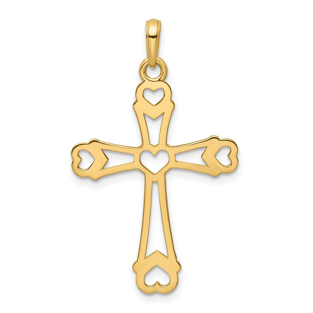 14K Gelb- und Rhodiumgold Kreuzanhänger mit Herzen, diamantiert und rhodiniert