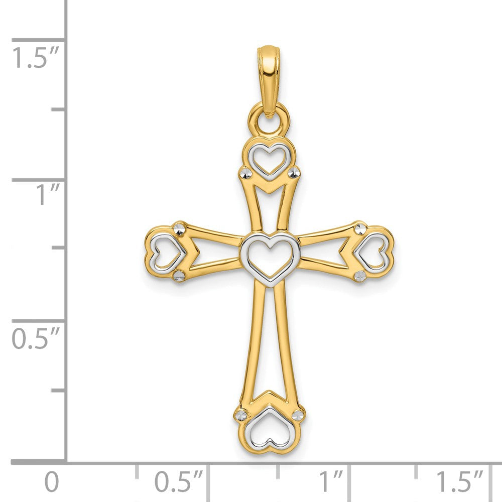 14K Gelb- und Rhodiumgold Kreuzanhänger mit Herzen, diamantiert und rhodiniert