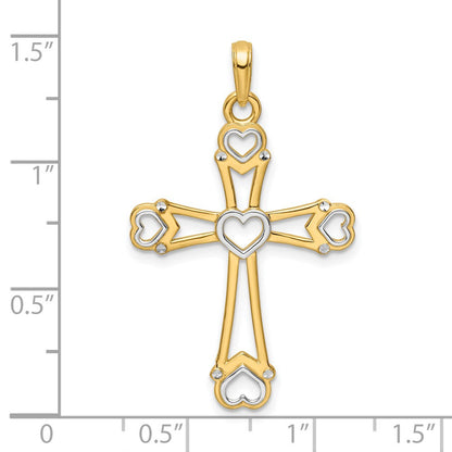 14K Gelb- und Rhodiumgold Kreuzanhänger mit Herzen, diamantiert und rhodiniert
